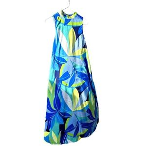 Nicole Miller New York Sleeveless Maxi Dress Tropical Floral Print Blue Yellow M